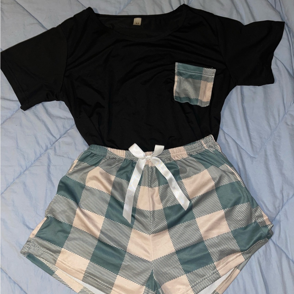 green, tan, black pajama set, medium